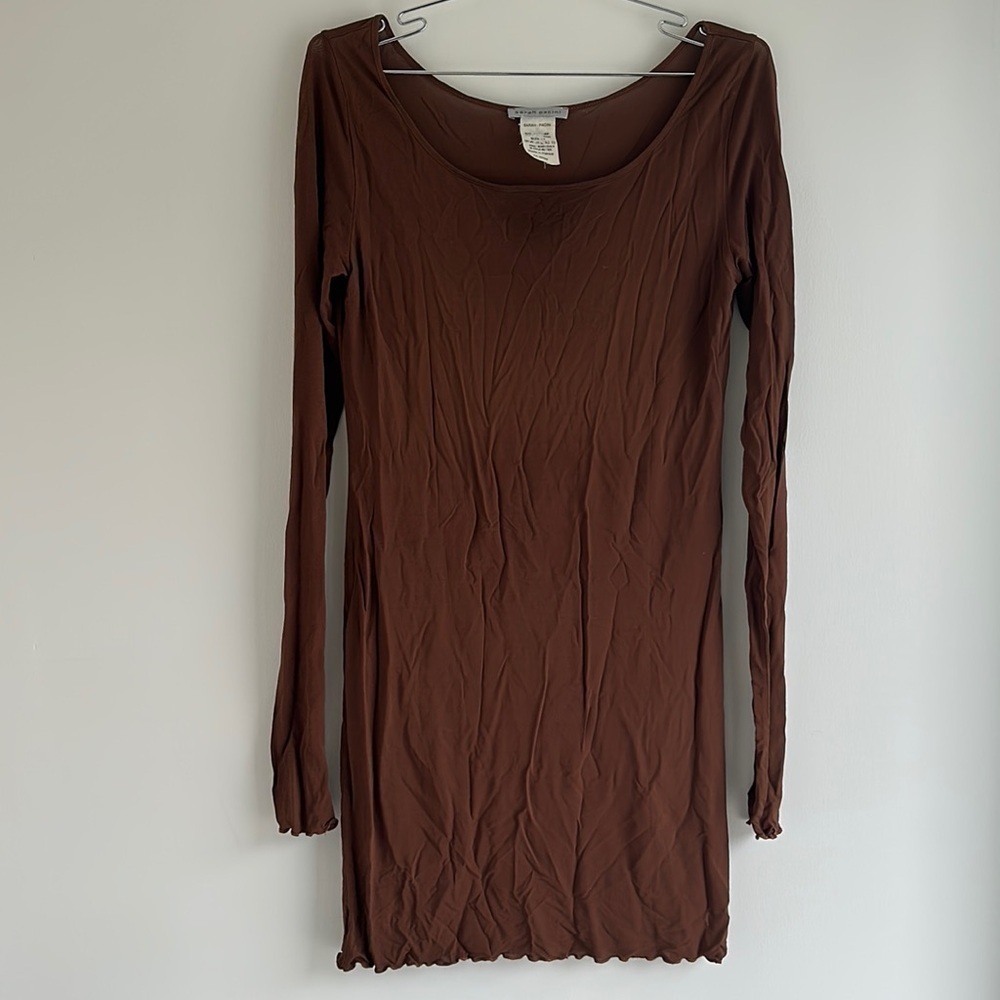 SARAH PACINI | Sheer Brown Scoop Neck Long Sleeve Dress